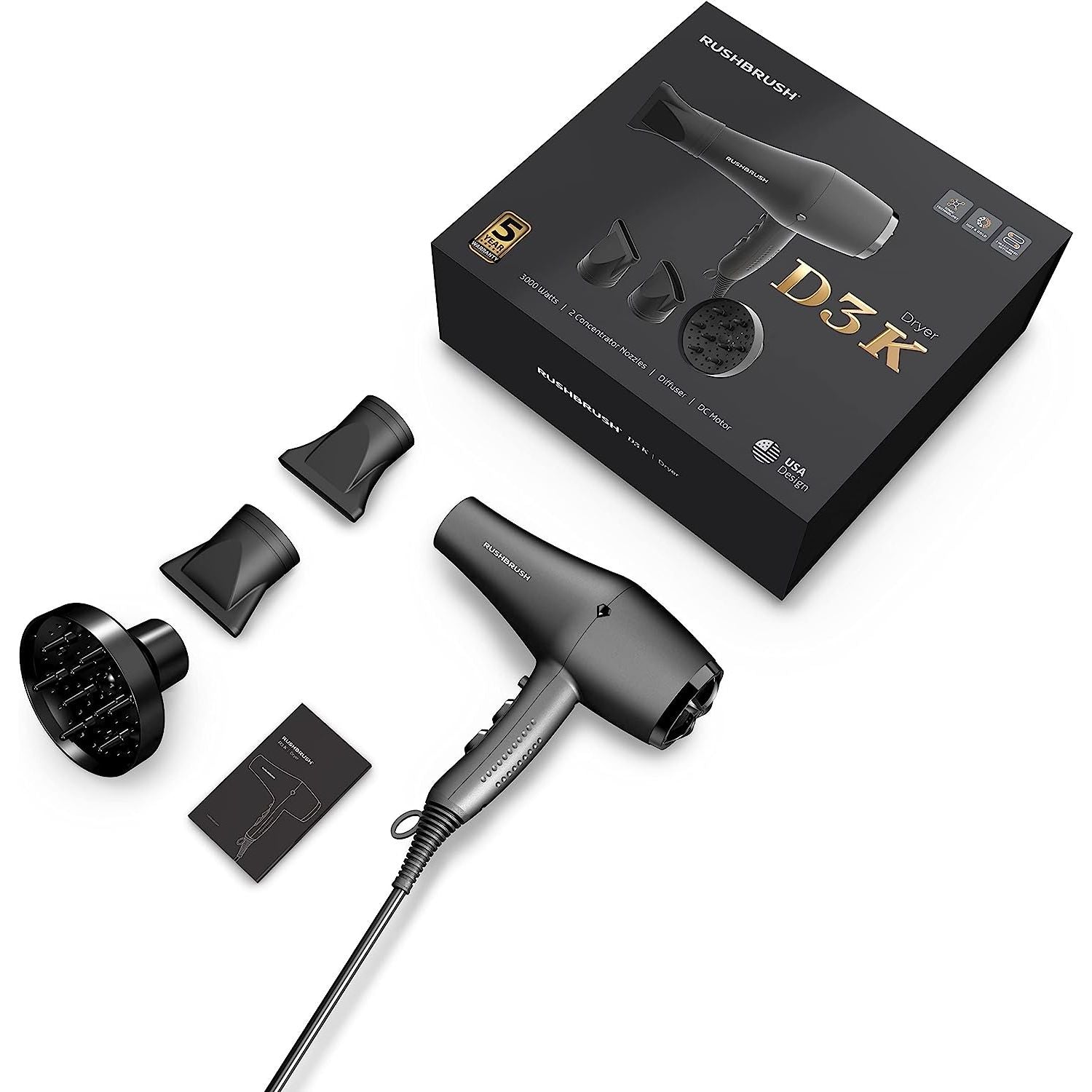 Rush Brush Hair Dryer, 3000 Watt, 3 Temperatures, Black - D3K
